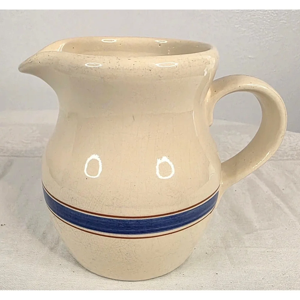 Lillian Vernon Vintage Stoneware Pitcher Cream Blue Brown Stripe Farmhouse 5.5in